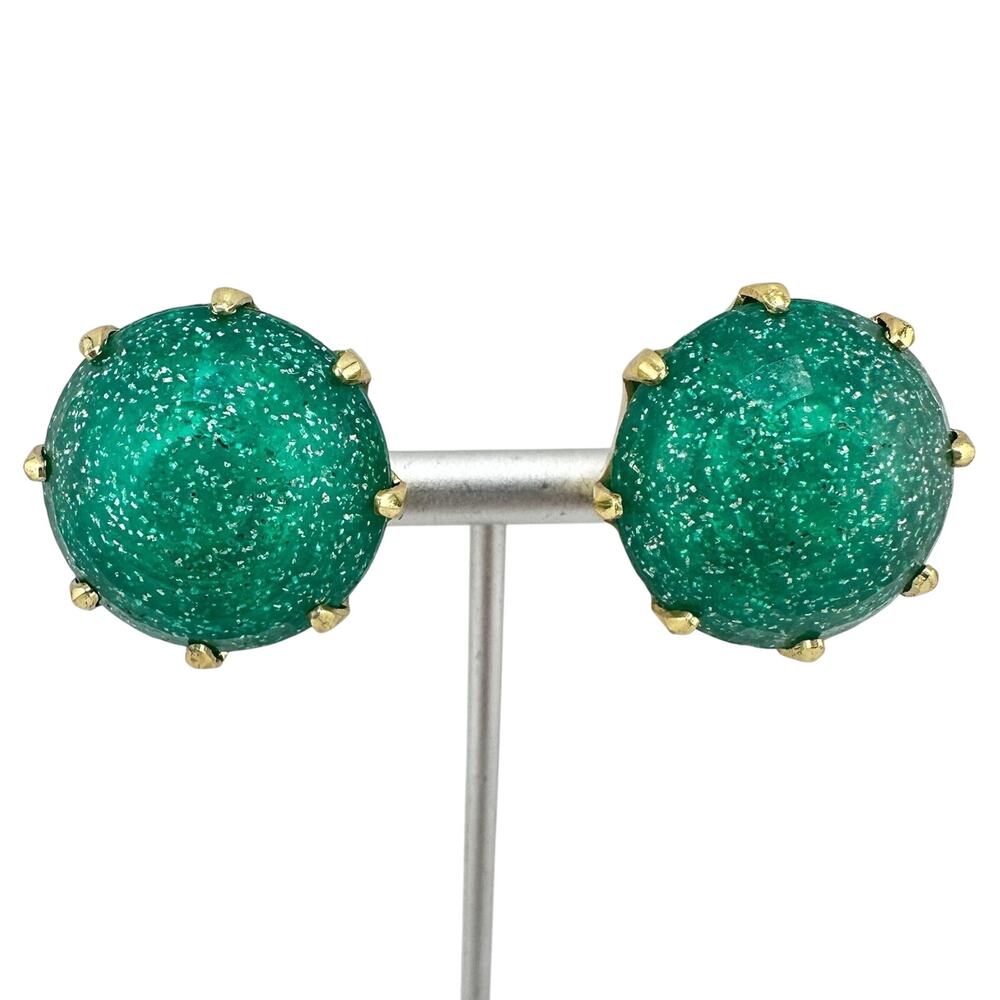 Vintage Germany MCM Ear Bobs Green Glitter Hollow Gold Tone Clip On 1” Earrings